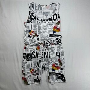 Urban Rose Womens Newspaper Print Romper Sleeveless Tie Waist White Large RARE